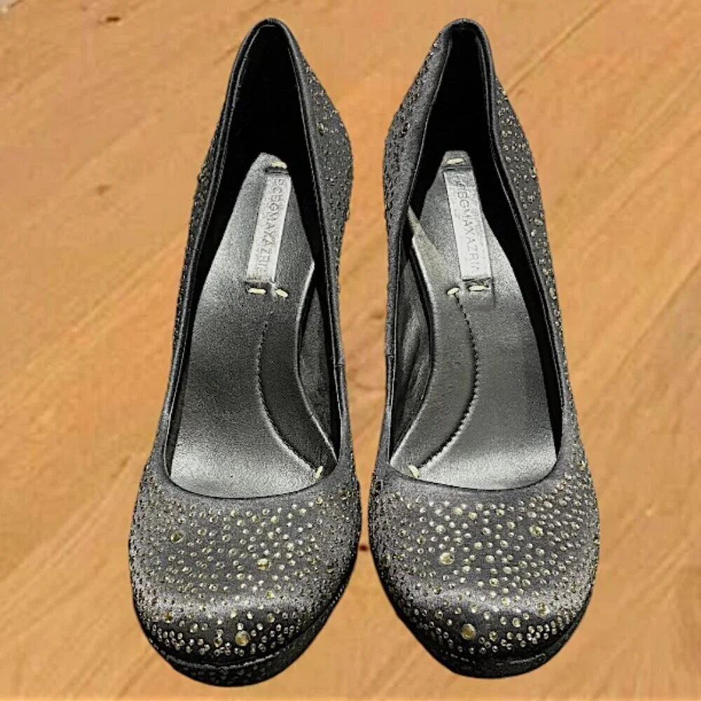 BCBG Black Satin and Pale Gold Studded Platform Heels Shoes Size 10